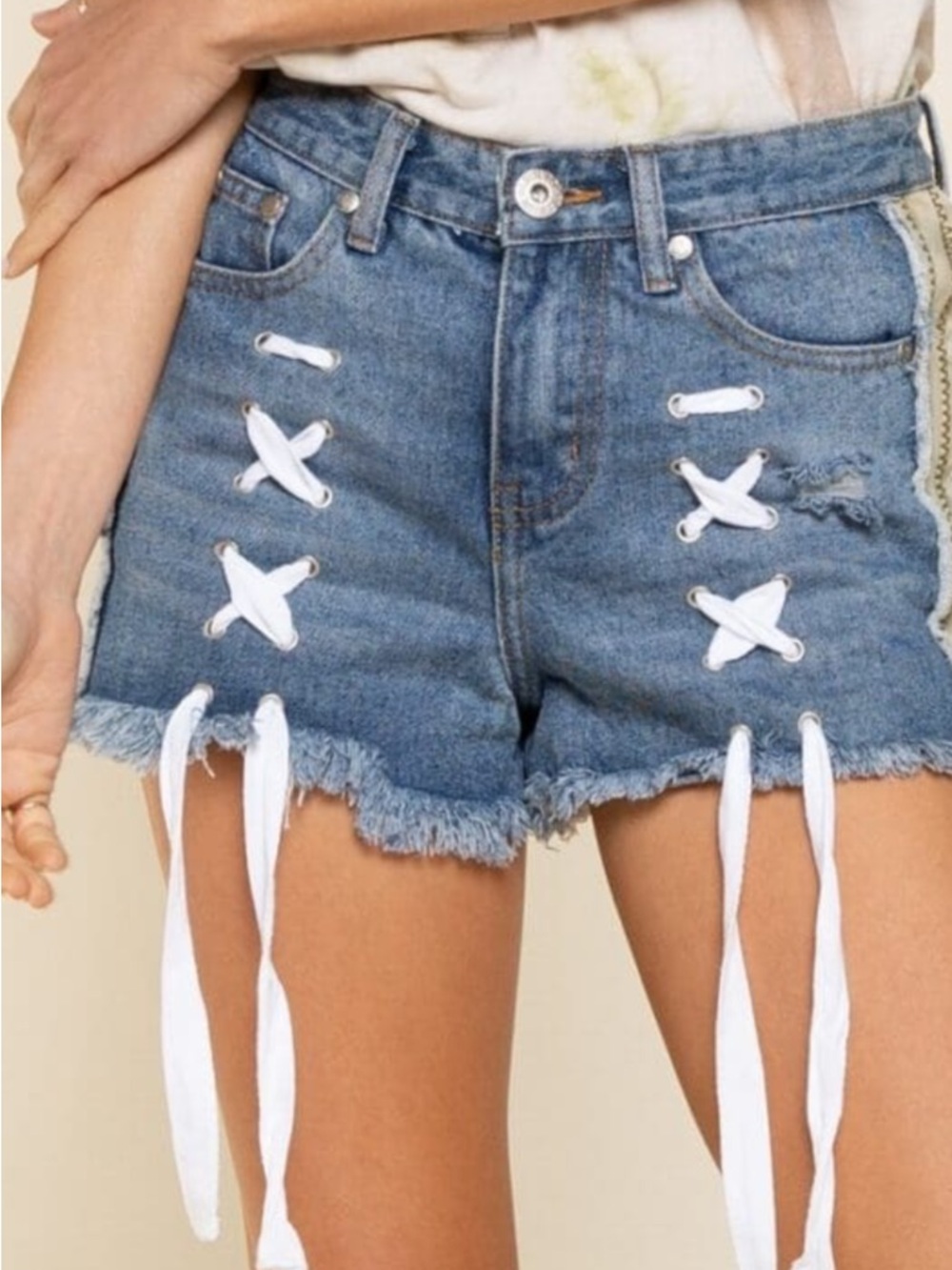 POL Denim Lace-Up Distressed Jean Shorts Size M Y2K Festival Boho